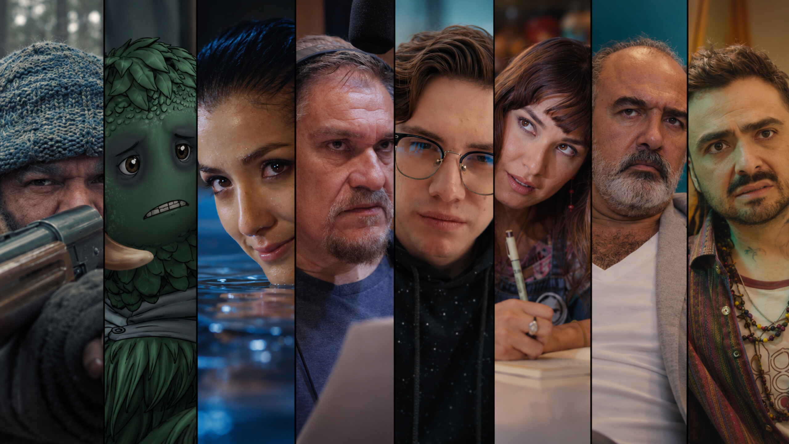 Mosaico de ocho personajes de las películas de Rock Movie Studios